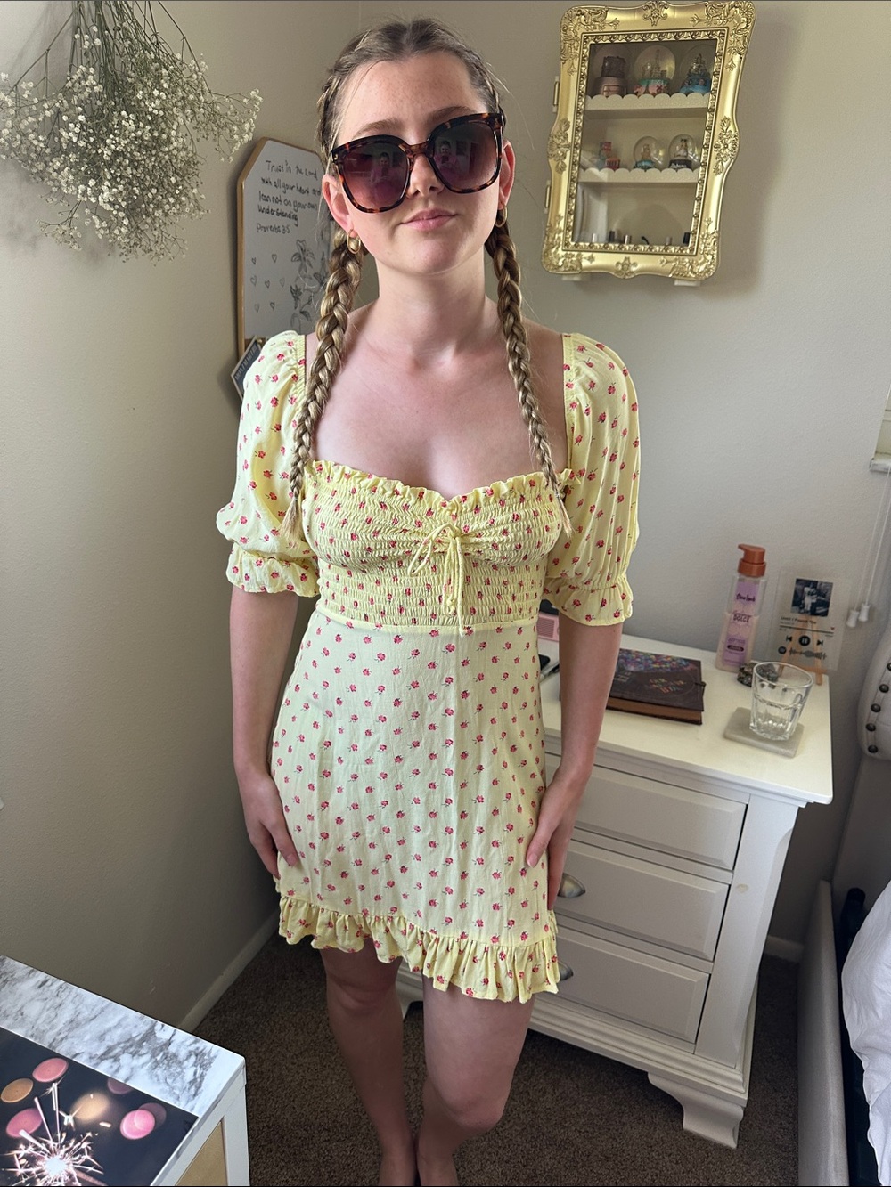 Faithfull the Brand Lemon Yellow Red Floral Smocked Mini Dress - Picture 1 of 6
